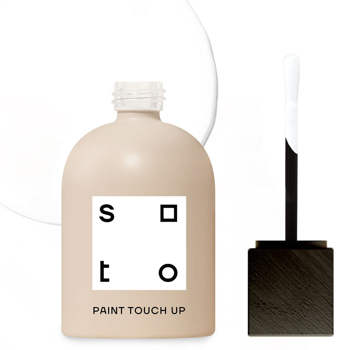 Soto White Paint Touch Up bottle close-up showing compact 1.5 oz packaging for quick scratches.