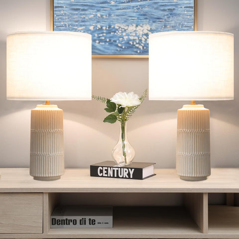 SOTTAE 23-inch ceramic table lamp pair with white shade for bedside lighting.