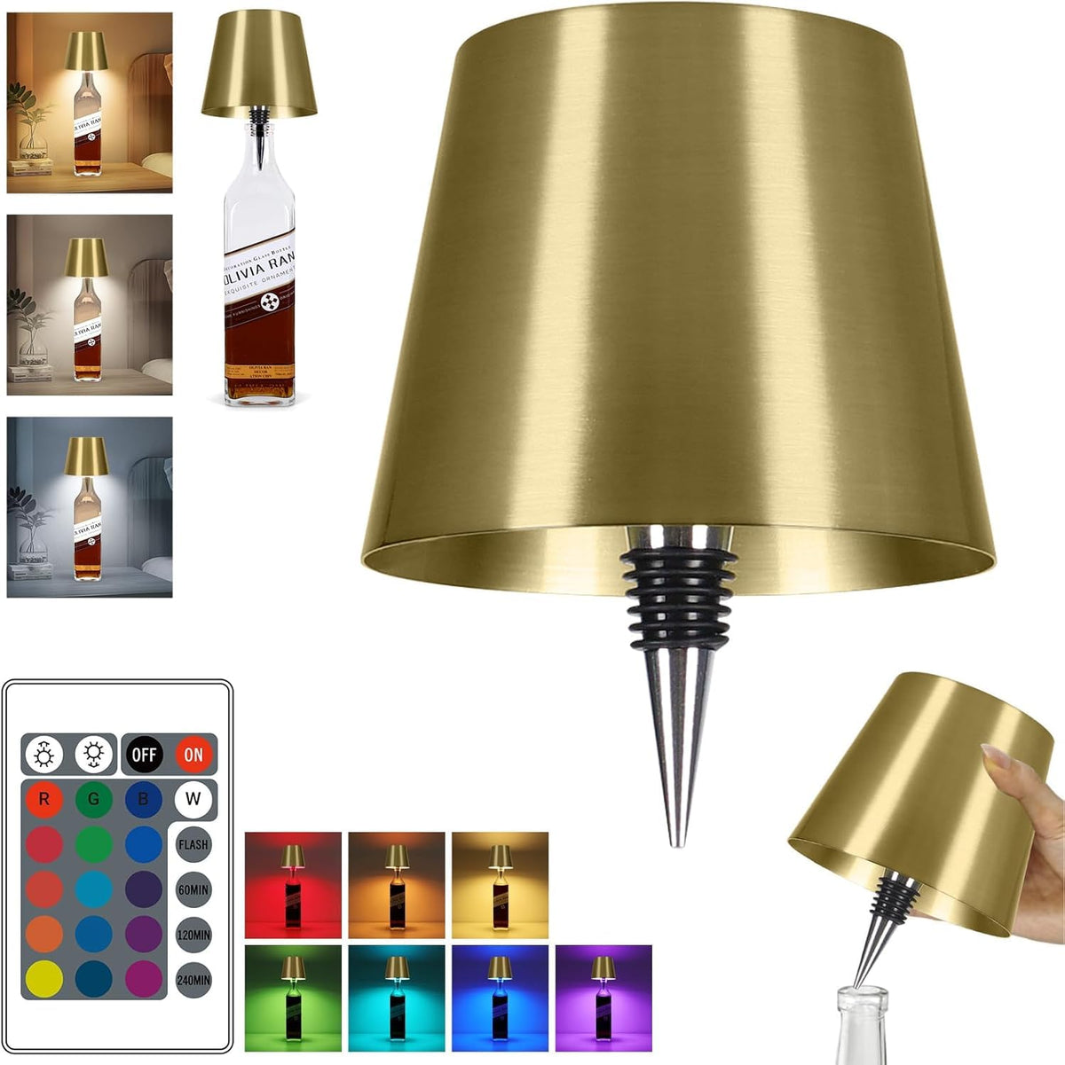 SOUDFK bottle lamp with gold shade and remote for elegant wine glow
