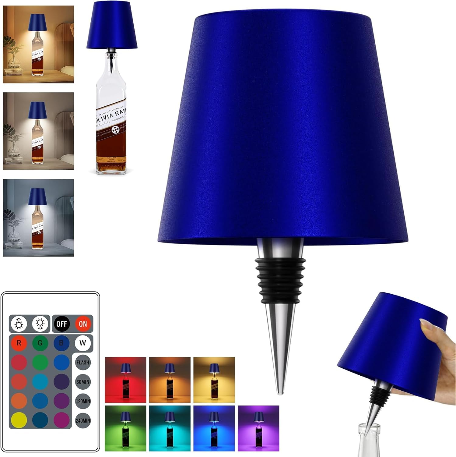 SOUDFK bottle lamp with RGB sapphire blue creates ambient centerpiece lighting.