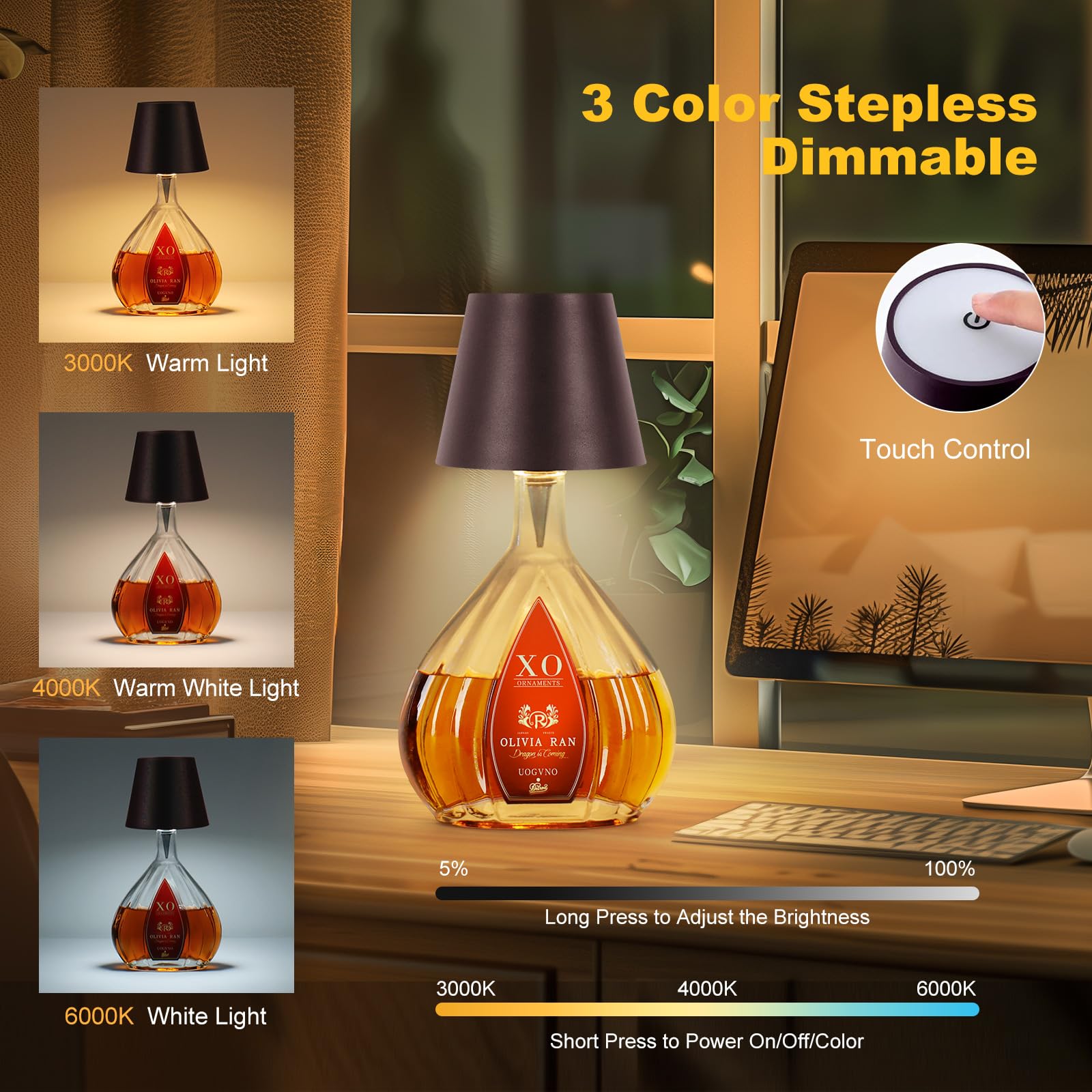 SOUDFK bottle light with conical shade adapts to various bottles for décor