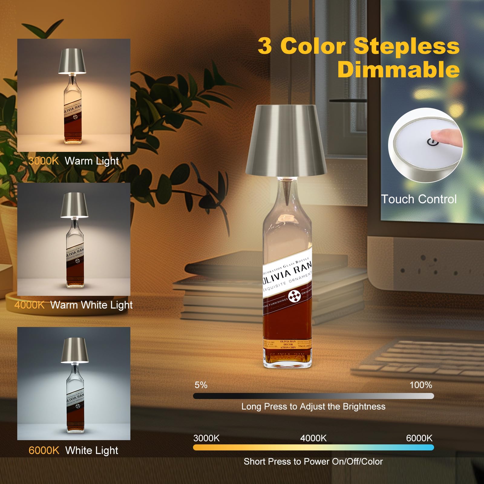 SOUDFK wireless bottle lamp in cool white creates modern table lighting.