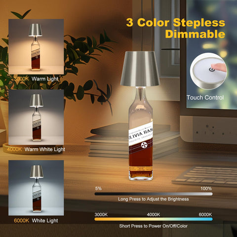 SOUDFK wireless bottle lamp in cool white creates modern table lighting.