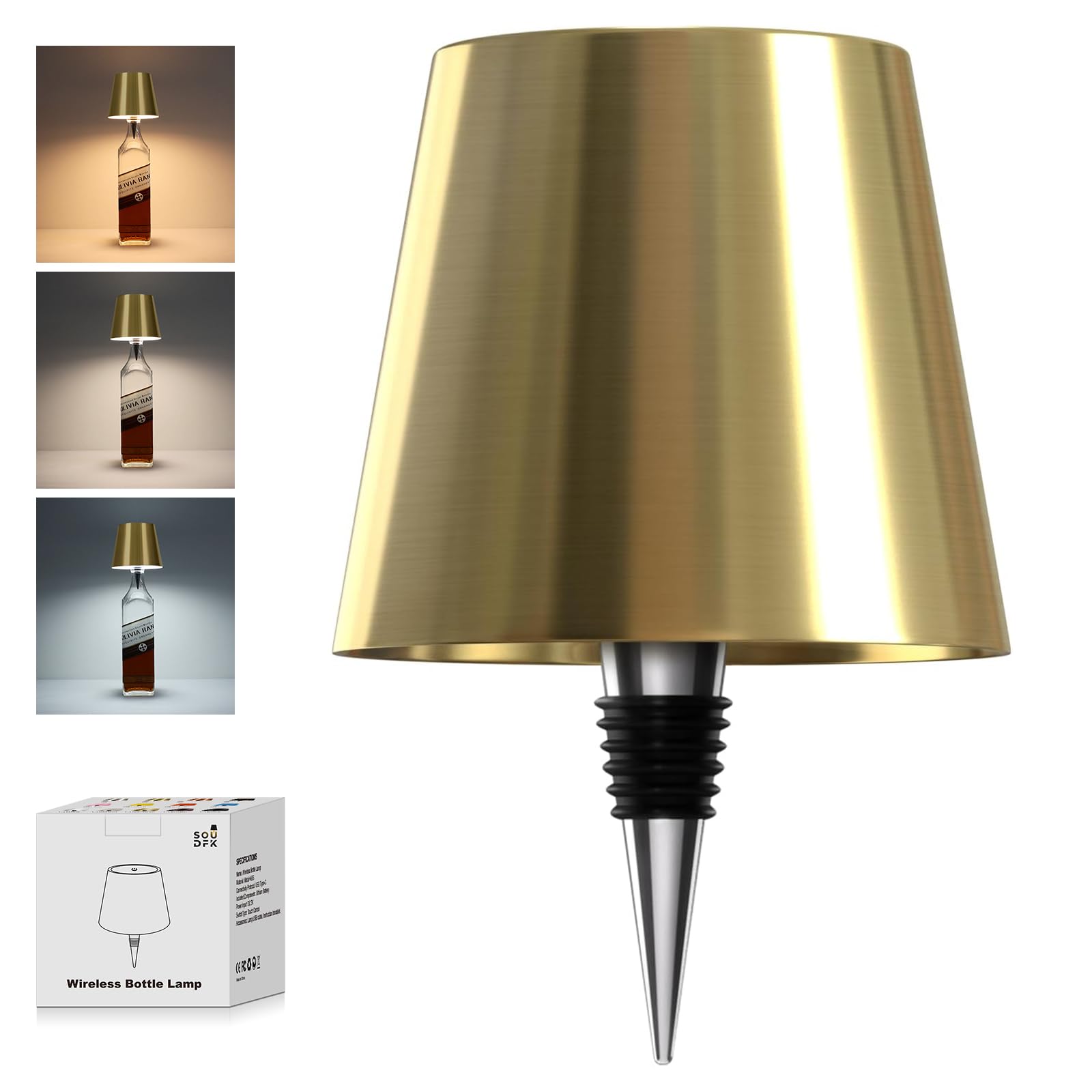 SOUDFK wireless bottle lamp in electroplated gold finish adds elegant ambient lighting.