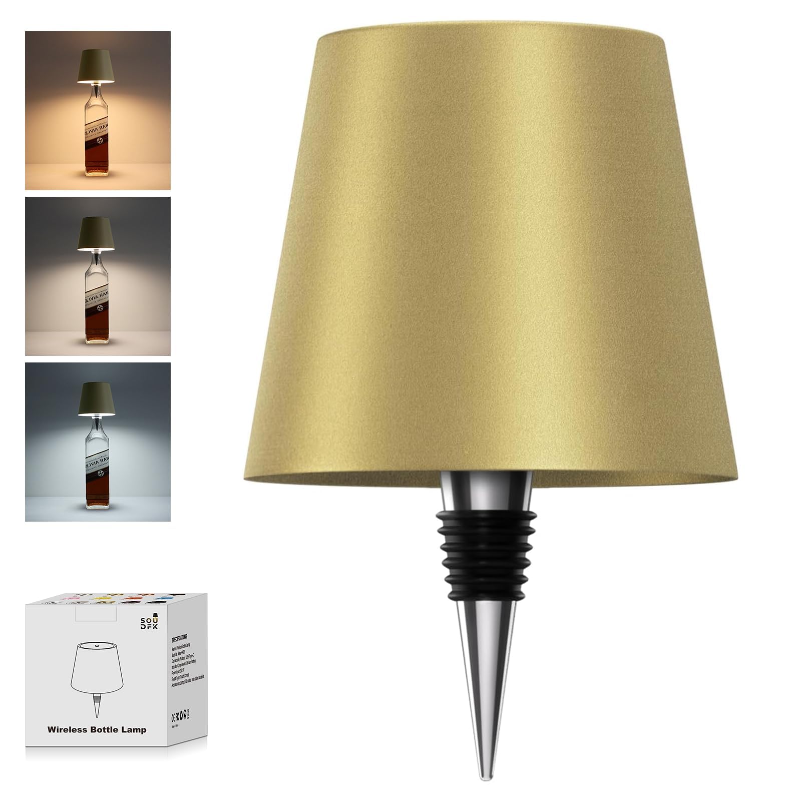 SOUDFK wireless bottle lamp in placer gold adds ambient lighting to bottles