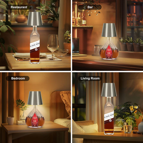 SOUDFK silver-finish bottle lamp adds decorative lighting to spaces.