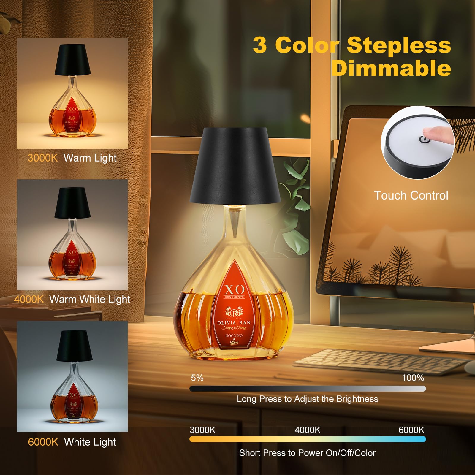 SOUDFK wireless bottle lamp with USB-C rechargeable power source