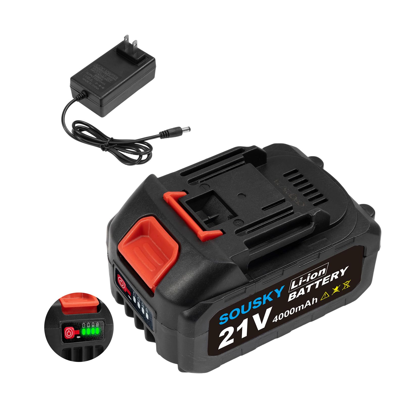 SOUSKY 21V 4000mAh battery with LED indicator shows remaining power.
