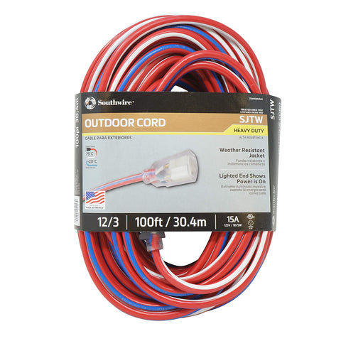 Southwire 100 ft outdoor extension cord with rugged jacket for jobsites.