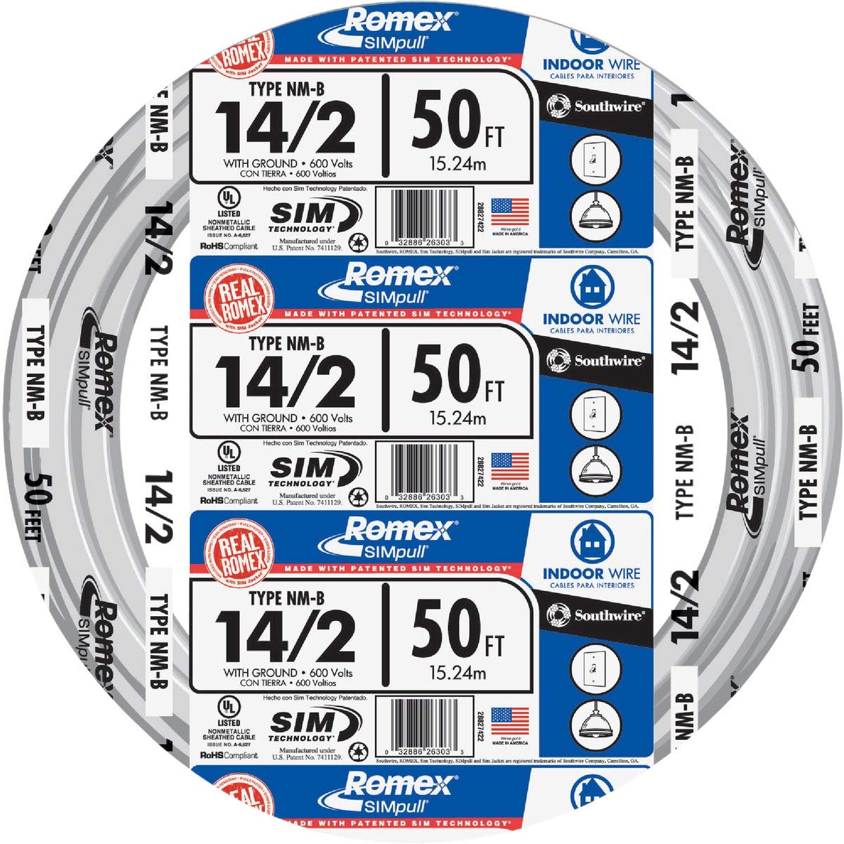 Southwire 28827422 50 ft 14/2 Romex cable for indoor wiring.