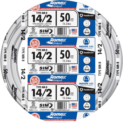 Southwire 28827422 50 ft 14/2 Romex cable for indoor wiring.