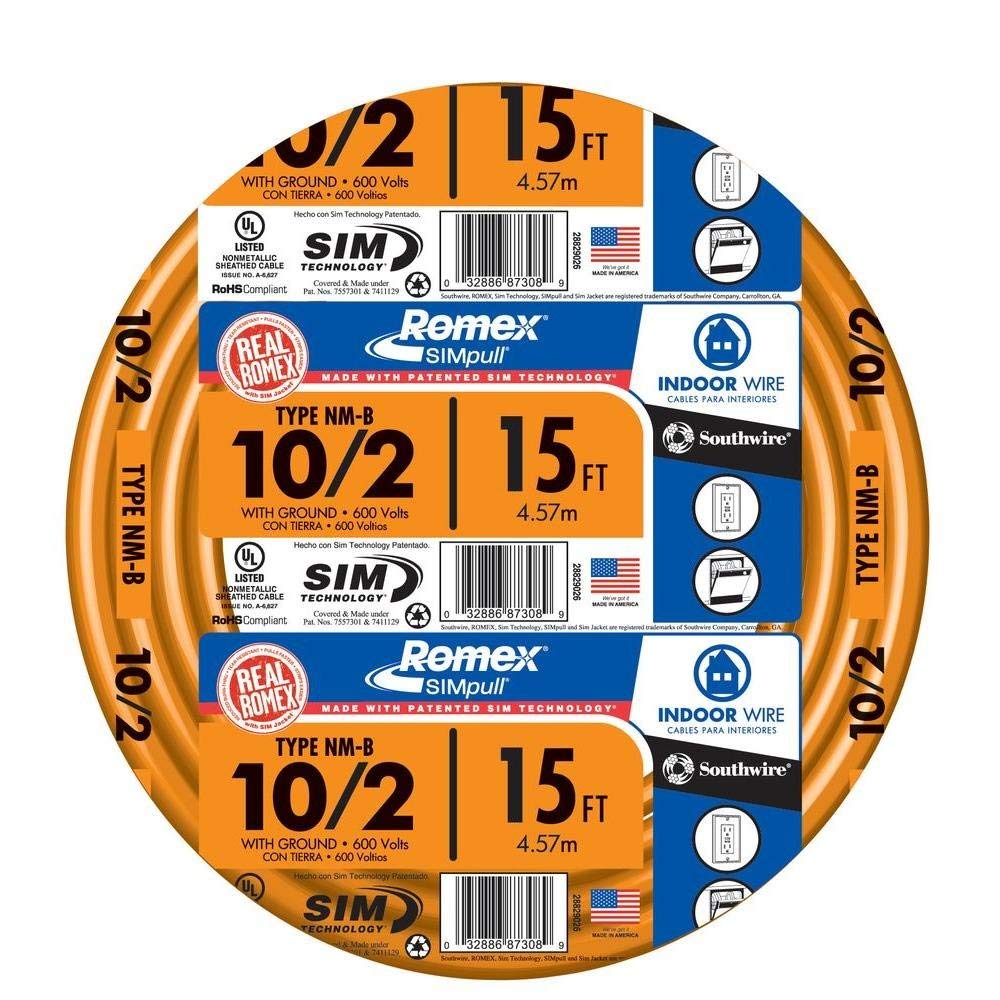 Southwire 28829026 10/2 Romex Simpull 15ft with ground—reliable residential wiring for outlets and switches