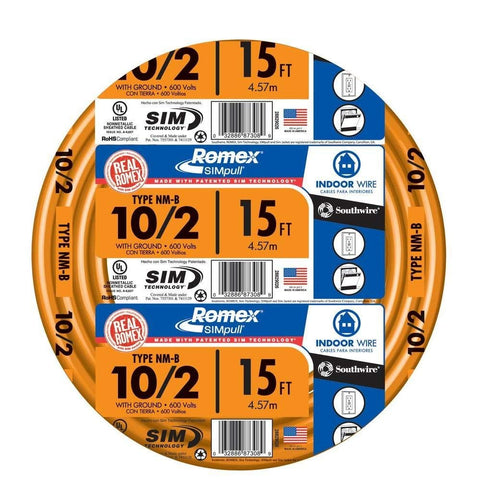 Southwire 28829026 10/2 Romex Simpull 15ft with ground—reliable residential wiring for outlets and switches