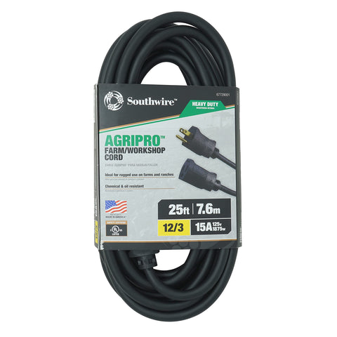 Southwire AGRIPRO extension cord coil ready for farm and workshop tasks.