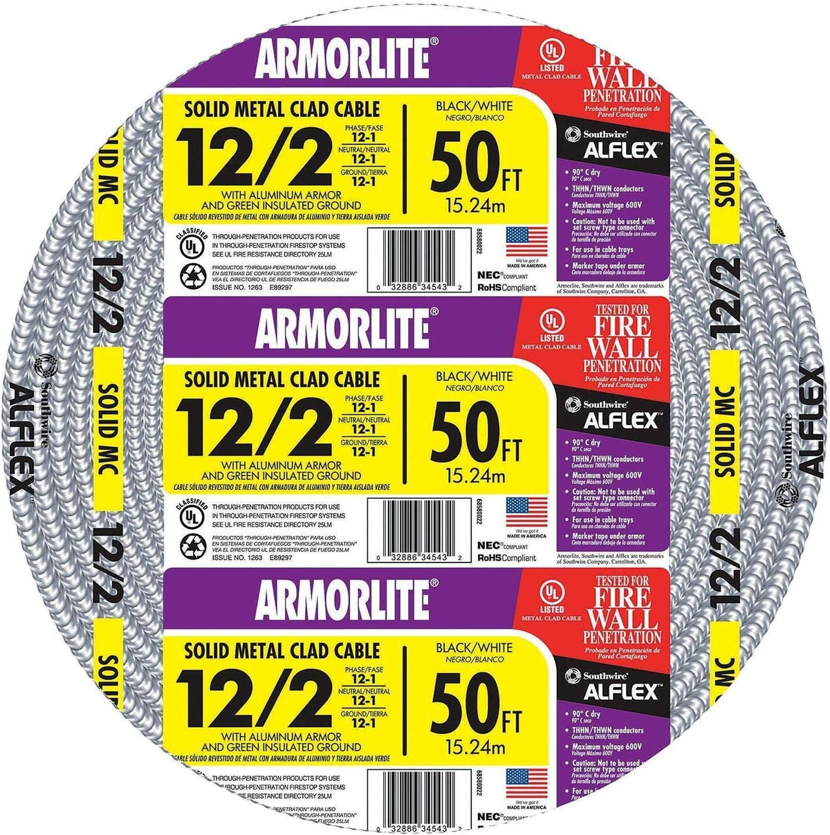 Southwire Armorlite 12-2 copper cable with THHN/THWN for durable residential wiring in trays.