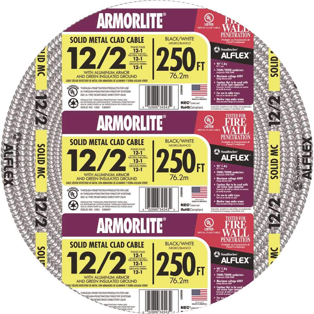 Southwire Armorlite 12-2 copper THHN/THWN cable on a 250 ft spool for wiring projects.