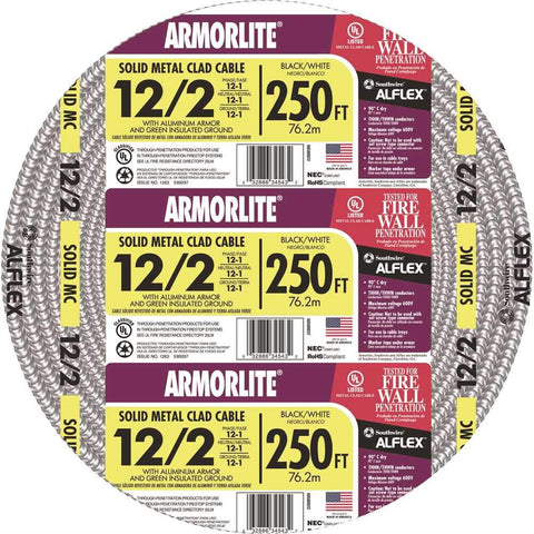 Southwire Armorlite 12-2 copper THHN/THWN cable on a 250 ft spool for wiring projects.