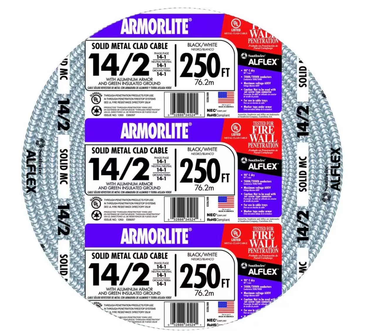 Southwire Armorlite MC aluminum armored cable 14/2 600V coil for durable power distribution.