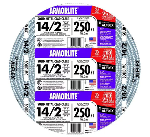 Southwire Armorlite MC aluminum armored cable 14/2 600V coil for durable power distribution.