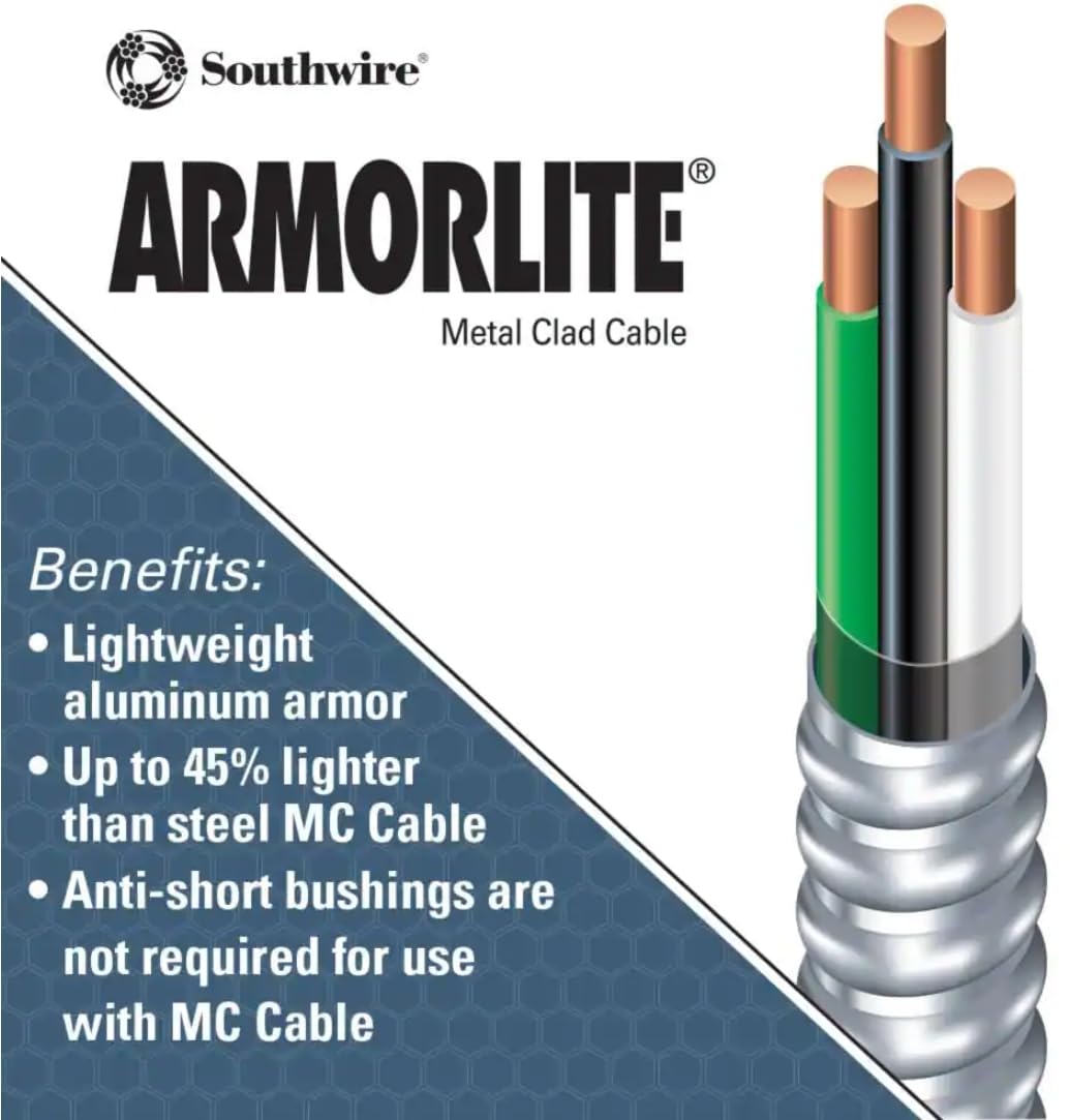 Cross-section view of Southwire Armorlite MC aluminum armored cable showing conductors.