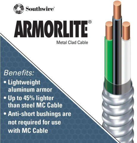 Cross-section view of Southwire Armorlite MC aluminum armored cable showing conductors.