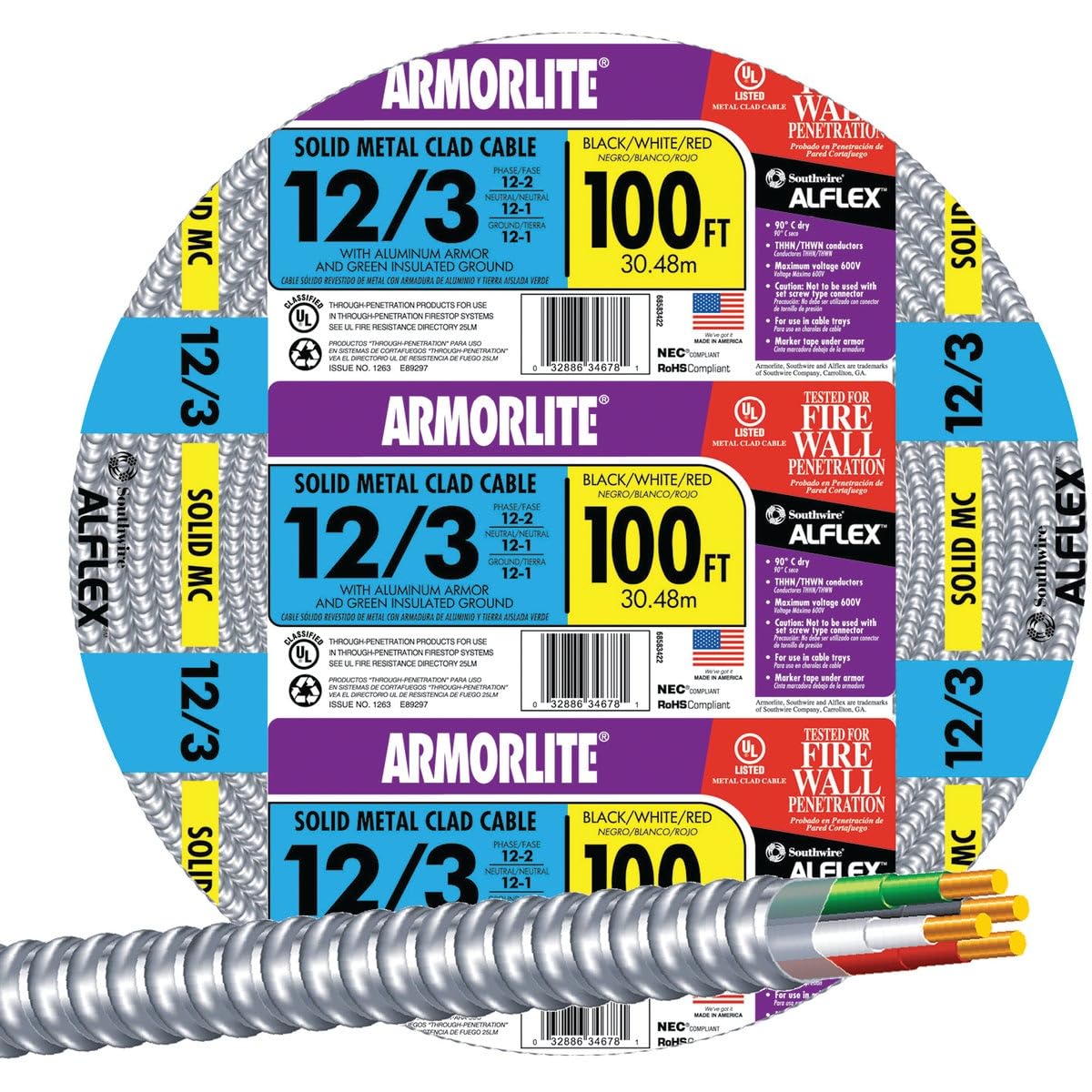 Southwire Armorlite MC Cable overview: 12-3 configuration for commercial power distribution.