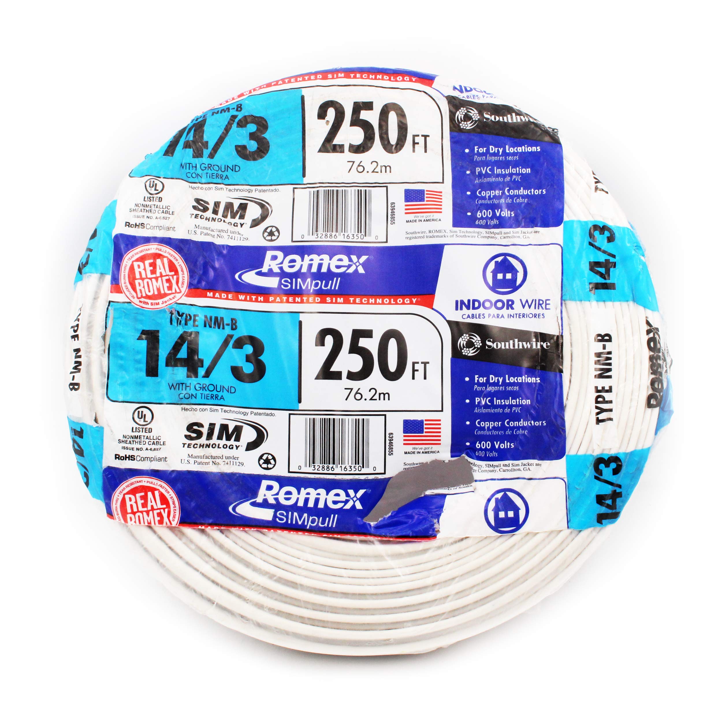 Southwire Coleman Cable 63946855 nonmetallic Romex with ground, ideal for indoor wiring projects.