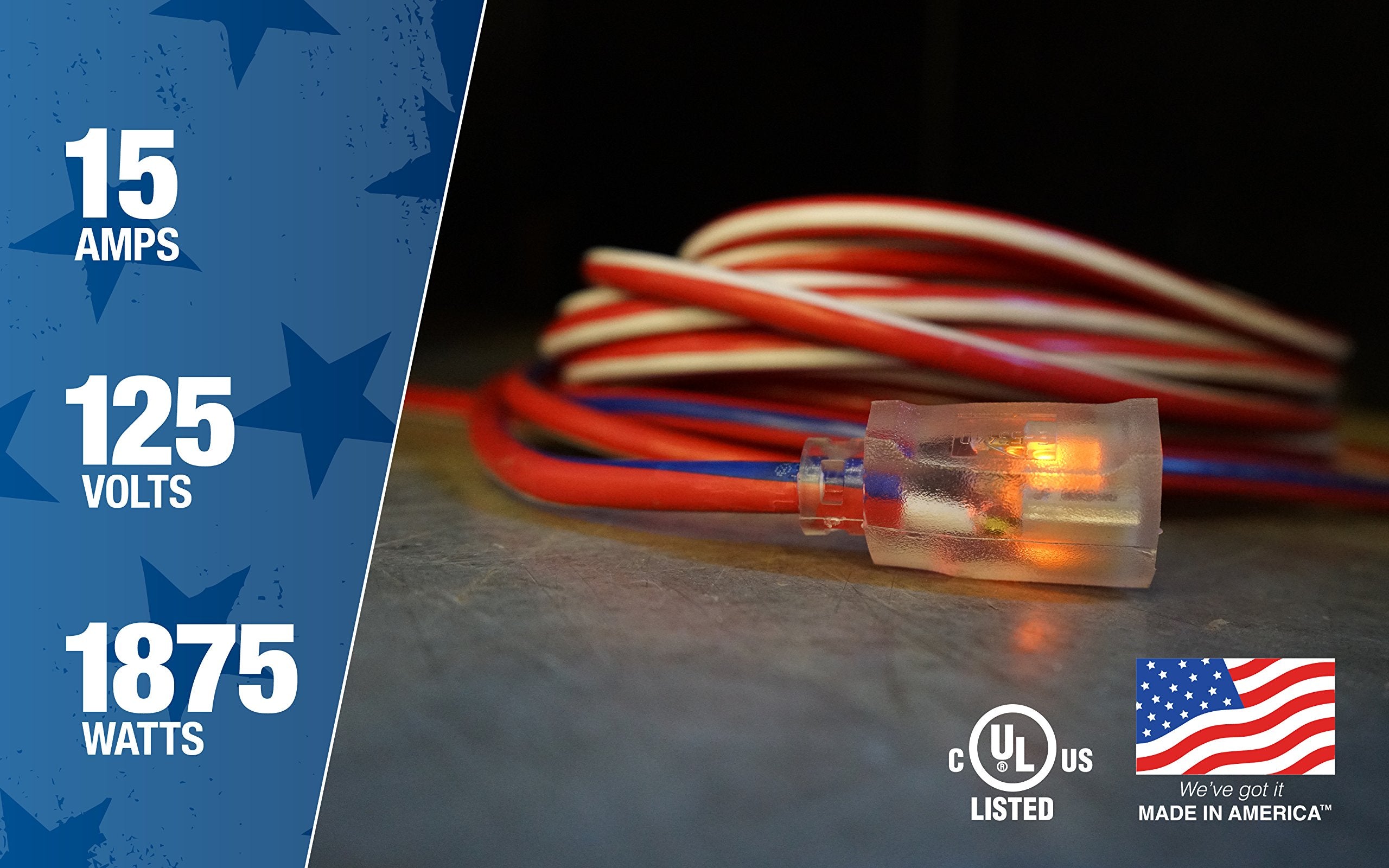 Patriotic red, white, and blue design on a rugged extension cord.
