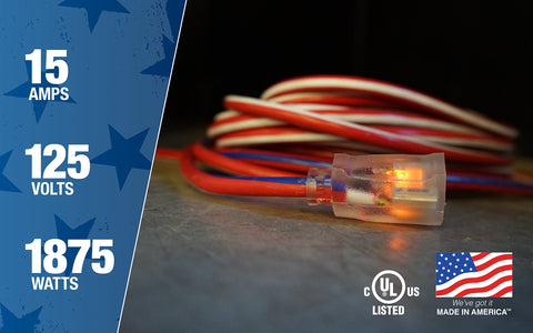 Patriotic red, white, and blue design on a rugged extension cord.