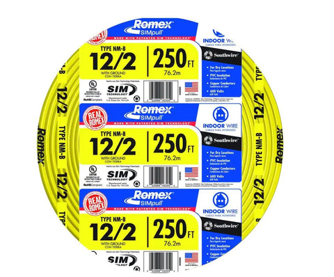 Southwire Romex SIMpull 12-2 yellow cable, 250 ft, ideal for residential wiring
