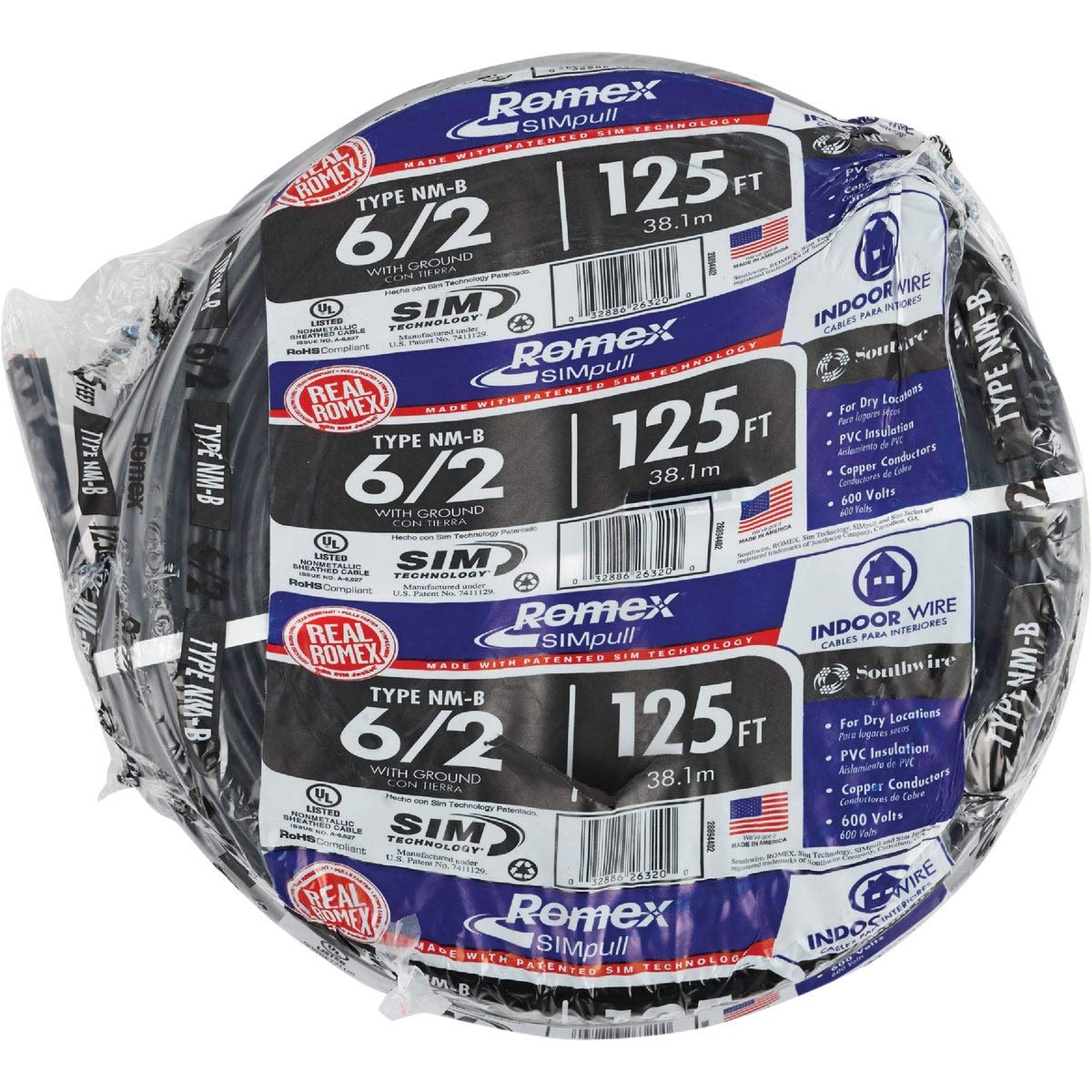 Southwire NM-B cable with ground, 125 ft roll, for safe dry interior wiring.