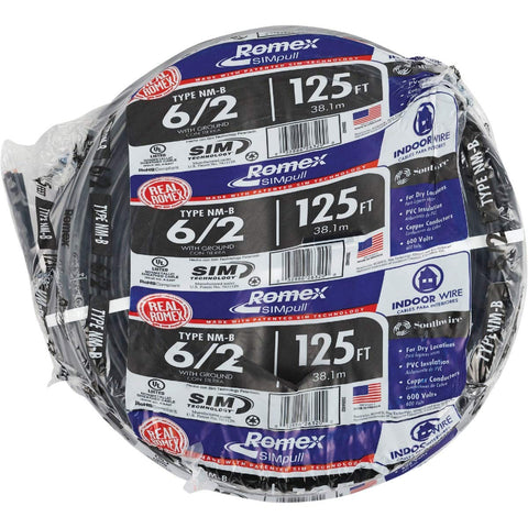 Southwire NM-B cable with ground, 125 ft roll, for safe dry interior wiring.
