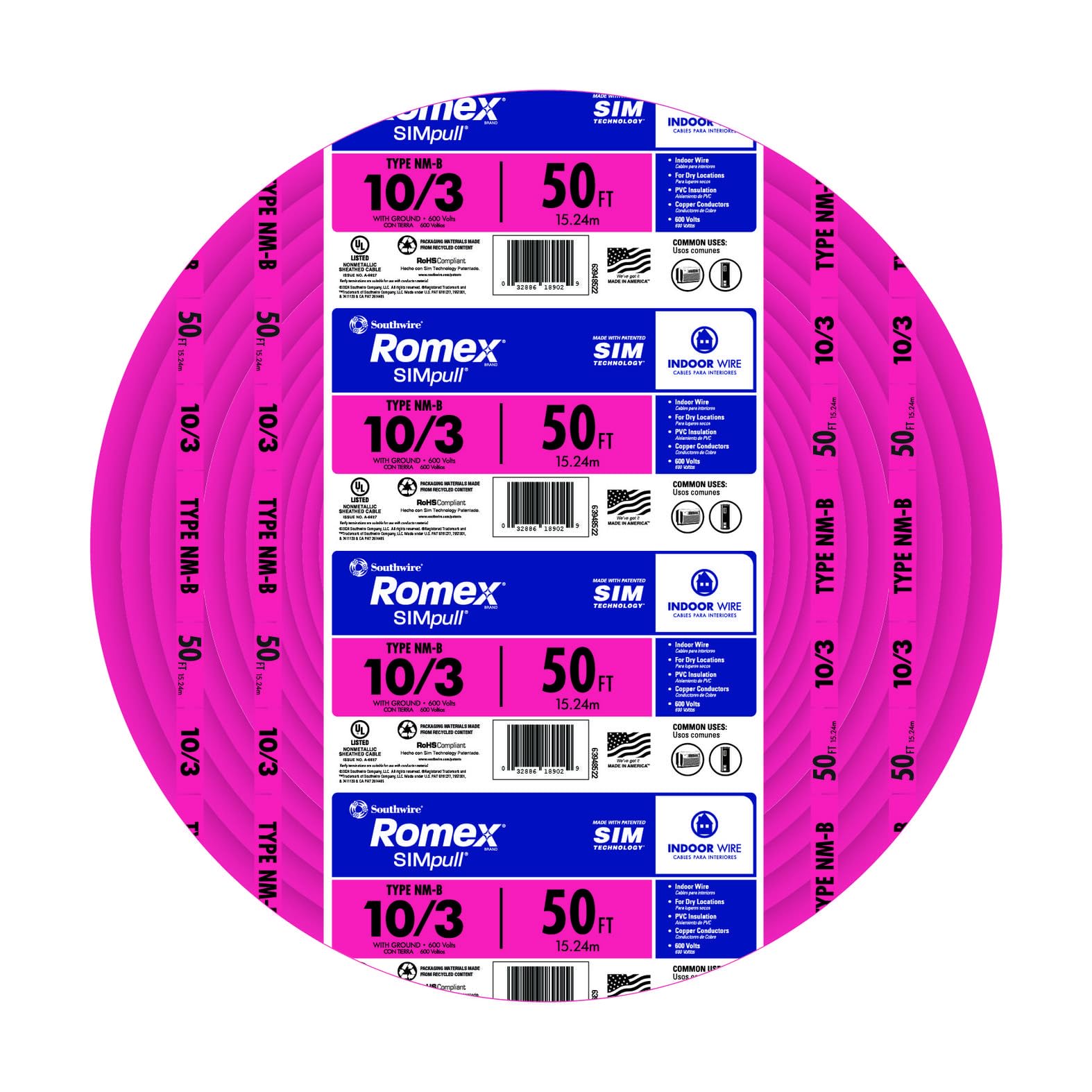 Southwire NM-B 10 gauge pink jacket detail for drywall runs