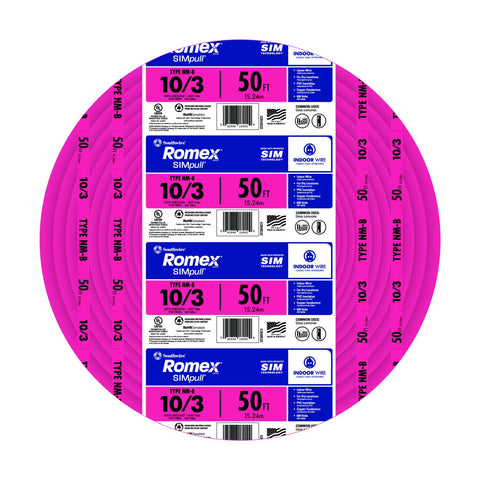Southwire NM-B 10 gauge pink jacket detail for drywall runs