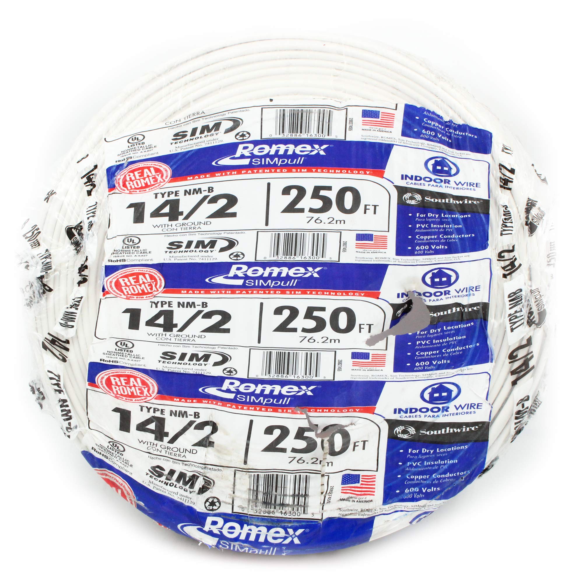 Southwire SIMpull 14-2 NM-B copper cable on a 250 ft spool for dry indoor runs.