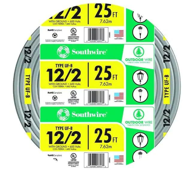 Southwire UF-B direct burial cable shown for outdoor lighting and outdoor installations.
