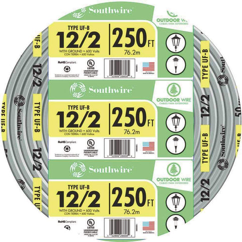 Southwire UF-B underground feeder cable 12/2 AWG for durable direct burial wiring.