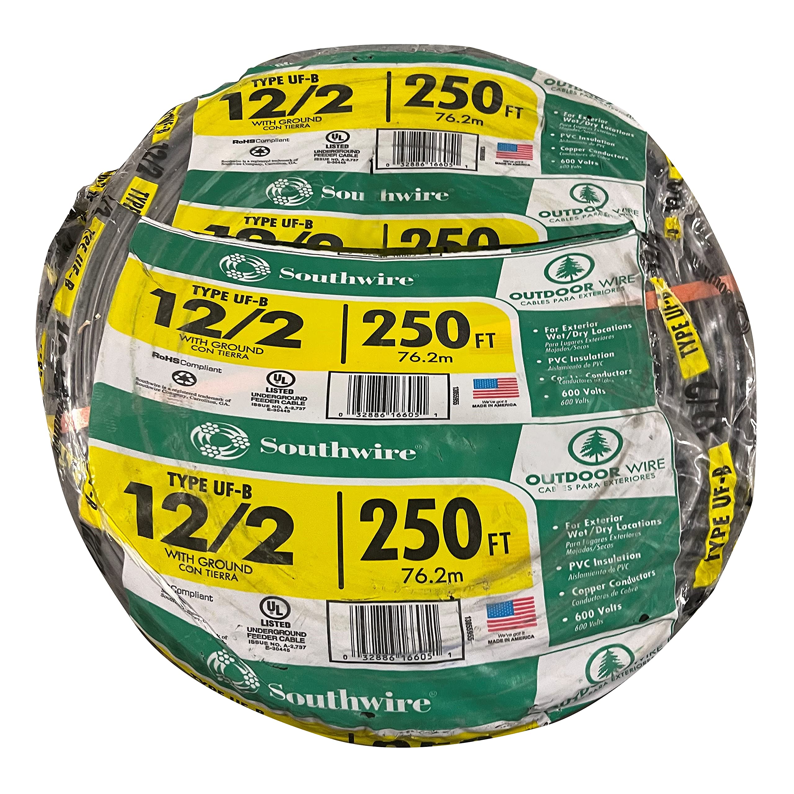 Southwire UF-B 12-2 cable for outdoor lighting and pumps, direct burial capable, 250 ft gray.