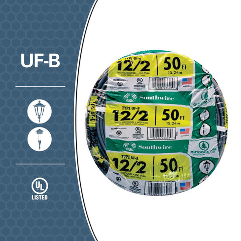 Southwire UL-listed UF wire with copper conductors for safe installations.