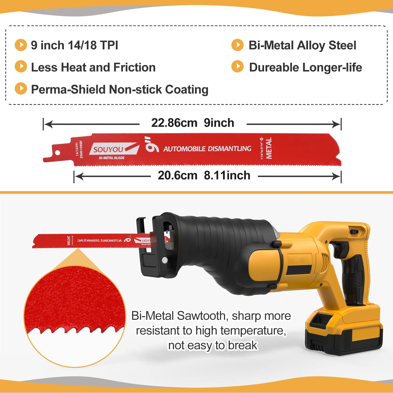 Souyou 9-inch blades with 14/18 TPI cutting metal and wood
