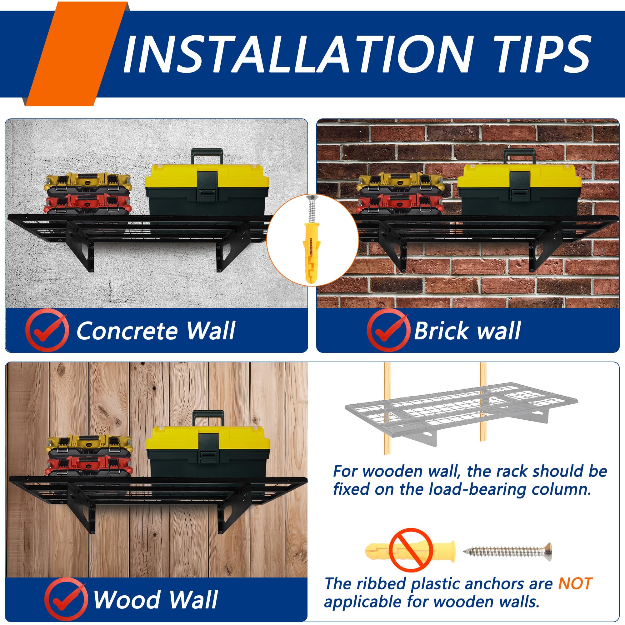 Soywey loaded shelves ready for tools and equipment in a compact garage setup.