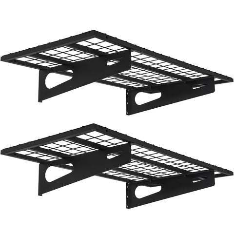 Soywey two-pack wall shelves assembly demonstrates easy mounting and organized garage space.