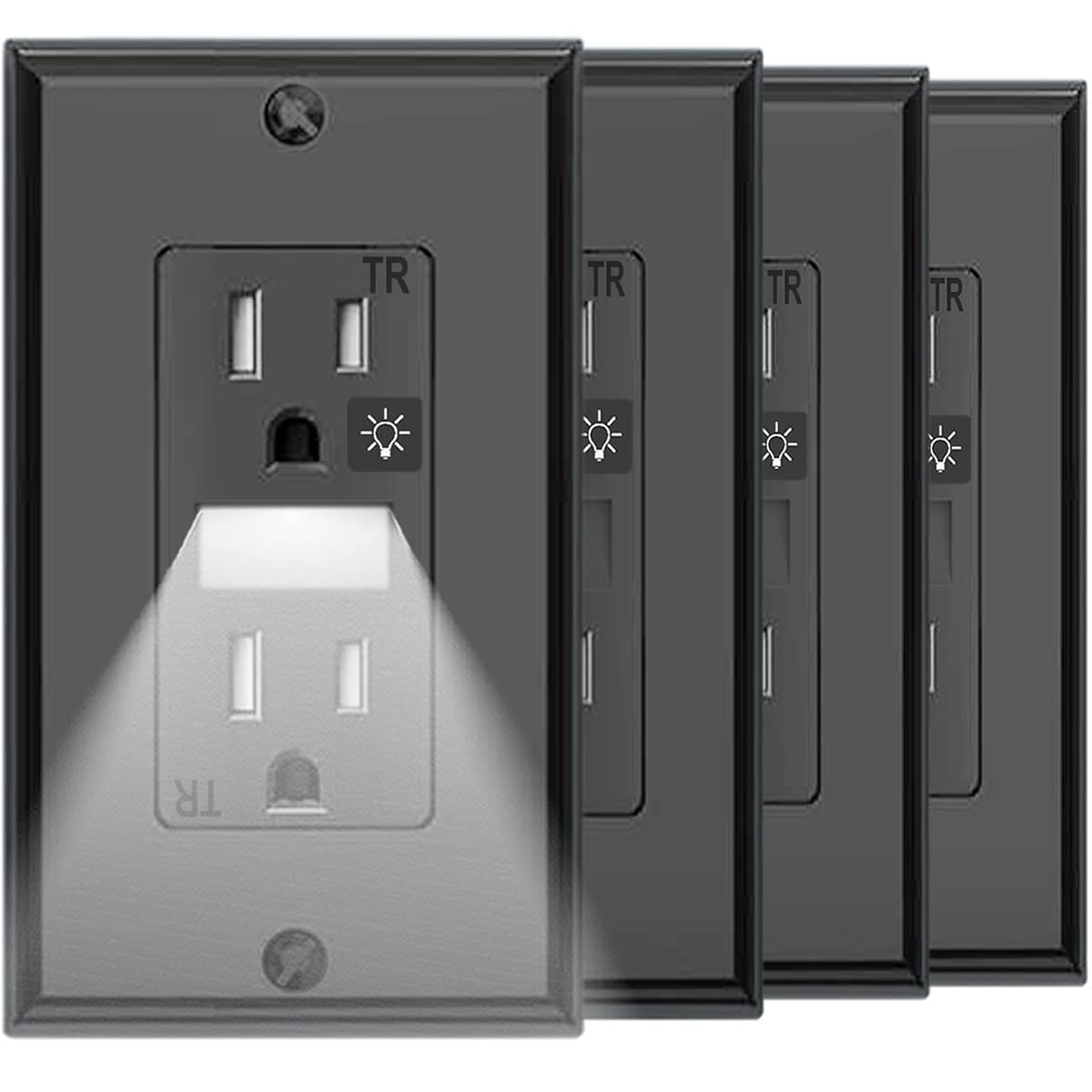 SOZULAMP black wall outlet with night light for safer nighttime navigation.