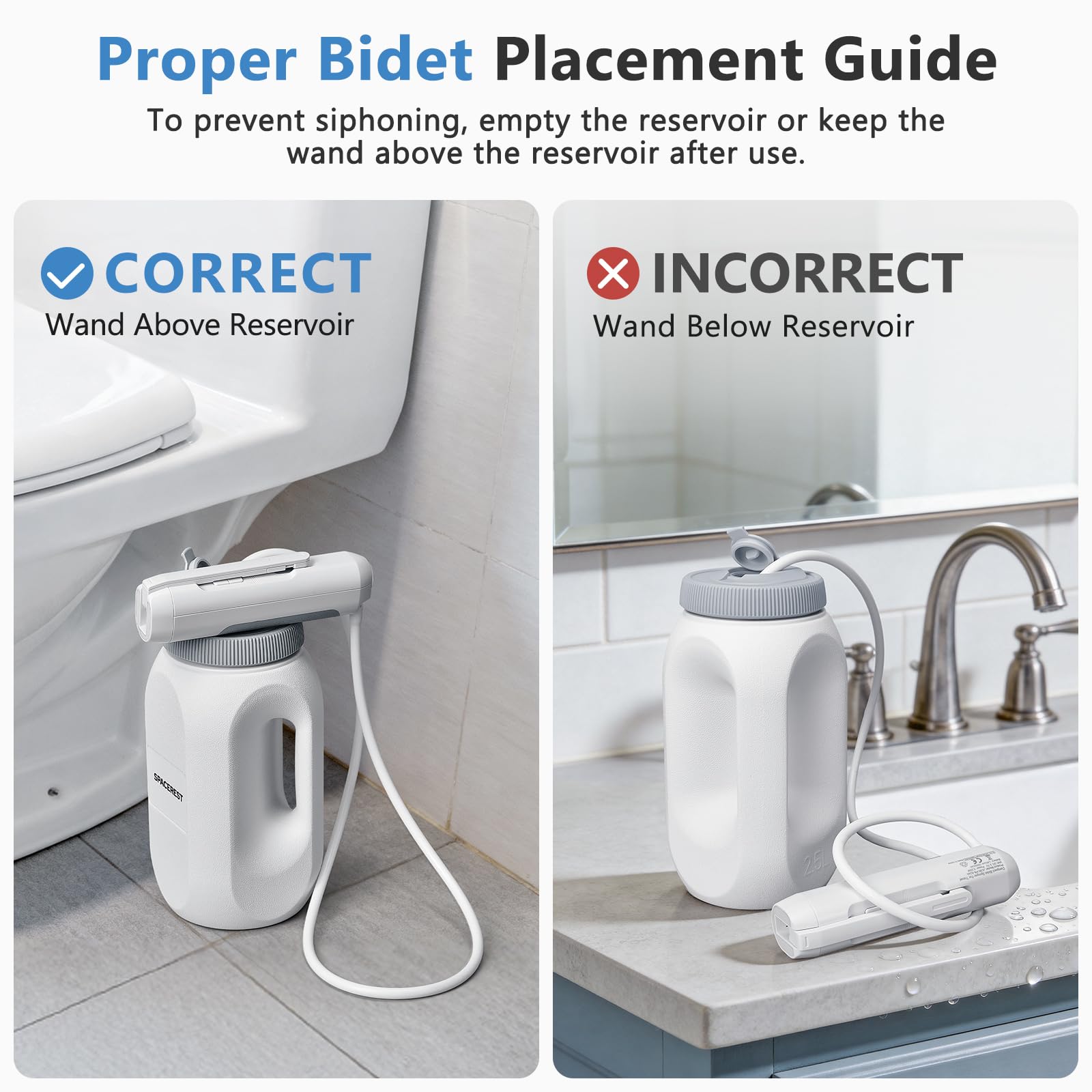 SPACEREST Bidet portable design; hose connects to a water source for travel versatility.