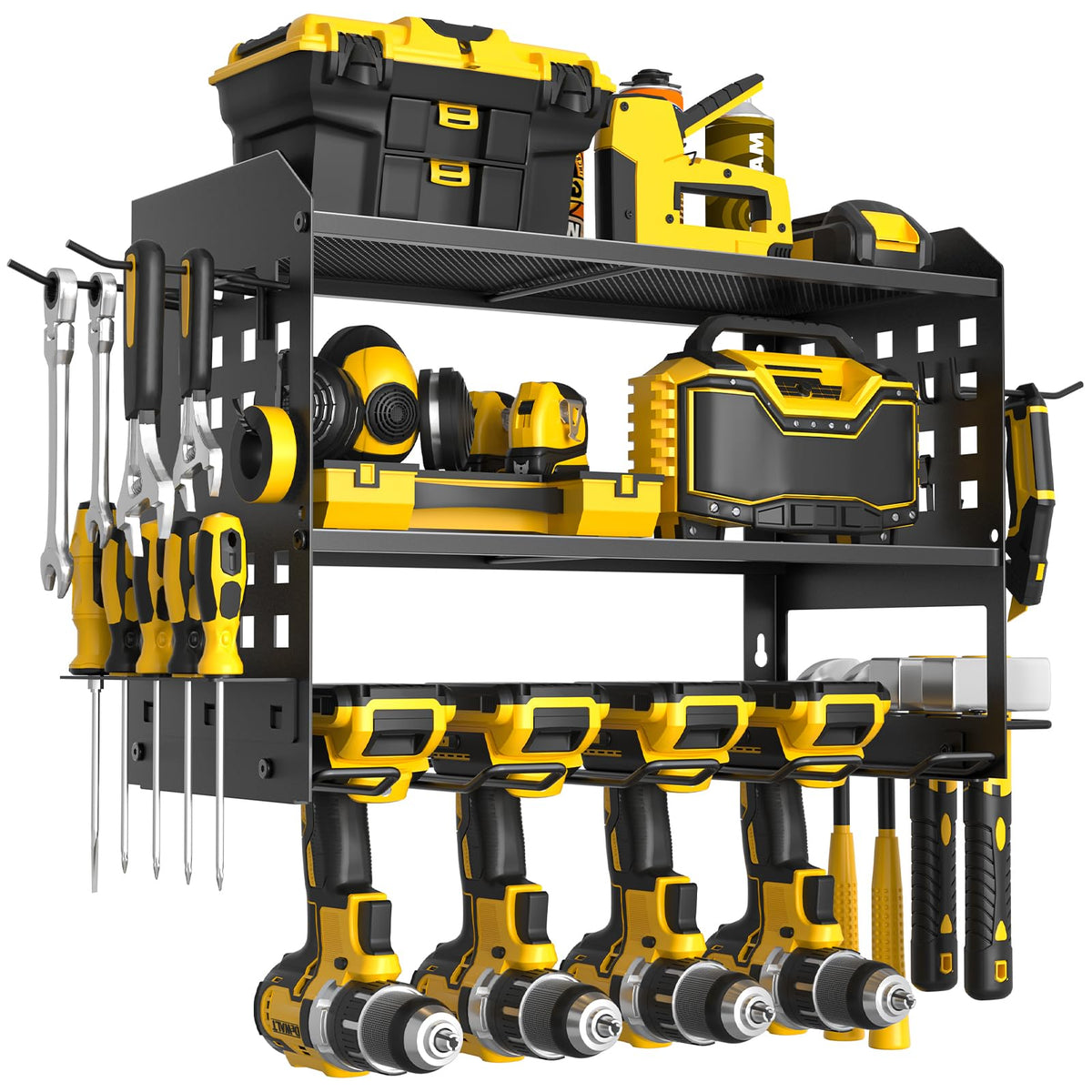 SPACECARE power tool organizer mounted on wall for easy drill access.