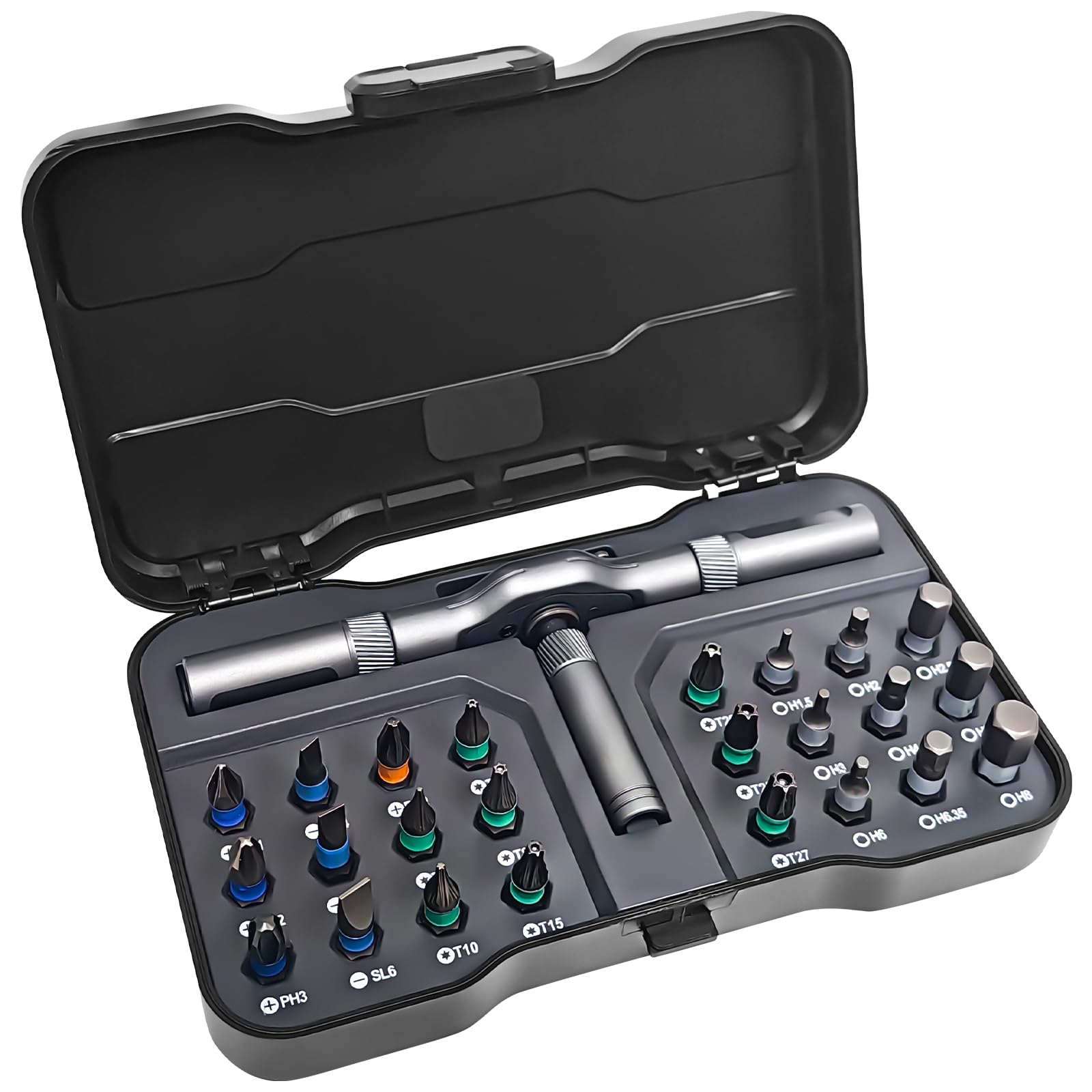 SpaceInside 24-in-1 screwdriver set front view, compact and portable for DIY tasks.