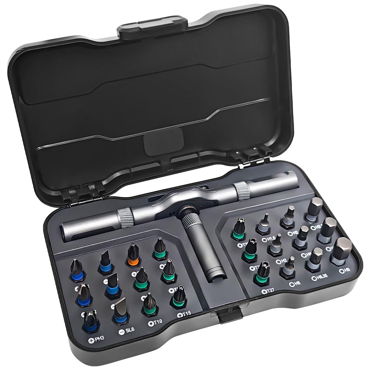 SpaceInside 24-in-1 screwdriver set front view, compact and portable for DIY tasks.