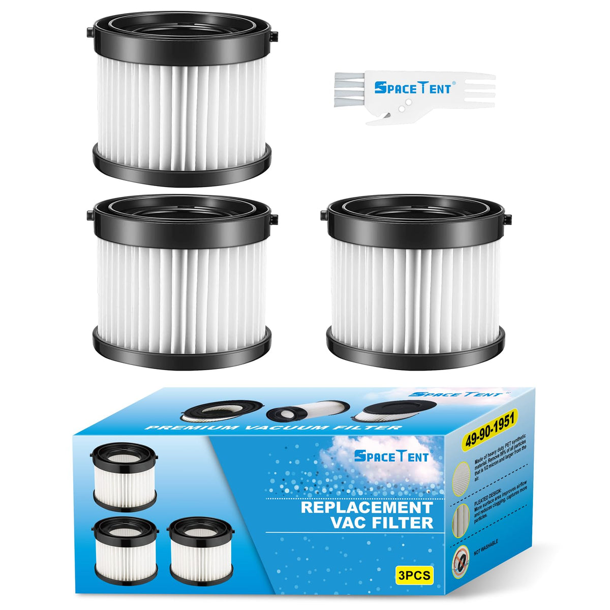 SpaceTent HEPA dry filter 3-pack for Milwaukee 0882-20, ensures proper suction.
