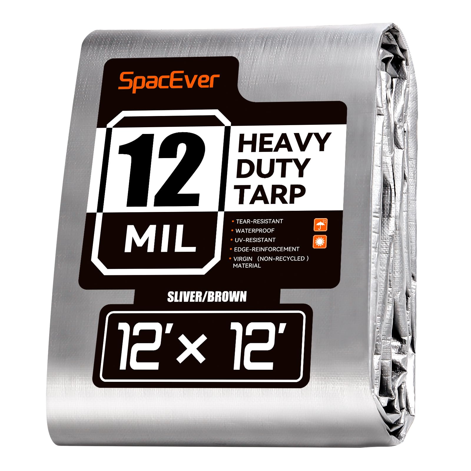 SpacEver tarp shows 12x12 waterproof coverage with sturdy grommets for outdoor use