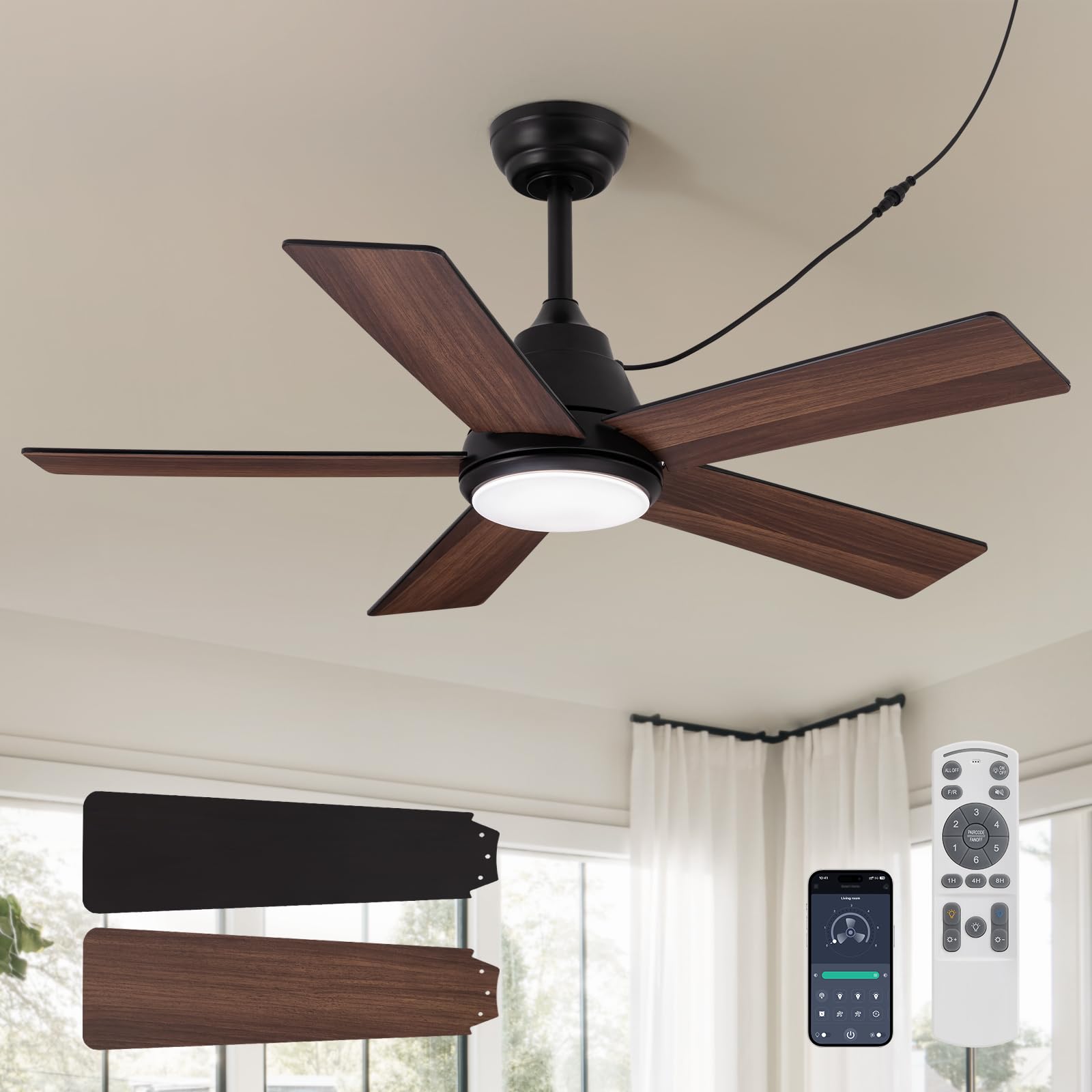 SPACORA 42-inch ceiling fan with light, front view, quiet operation for bedrooms